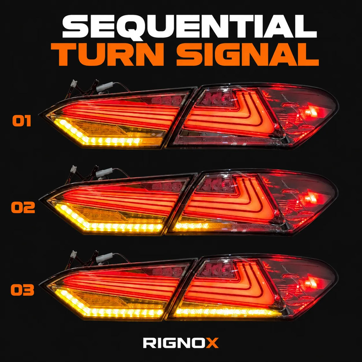 2018-2024 Toyota Camry 8th Gen Sequential LED Tail Lights Assembly — 4-Piece Set (Halo - Clear White) — Three-stage amber sequential turn signal — T-CAM18-HL-CW