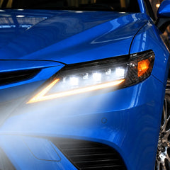 2018-2024 Toyota Camry LED Triple Projector Headlights — all lights-on close-up — H-CAM18-SWD-A