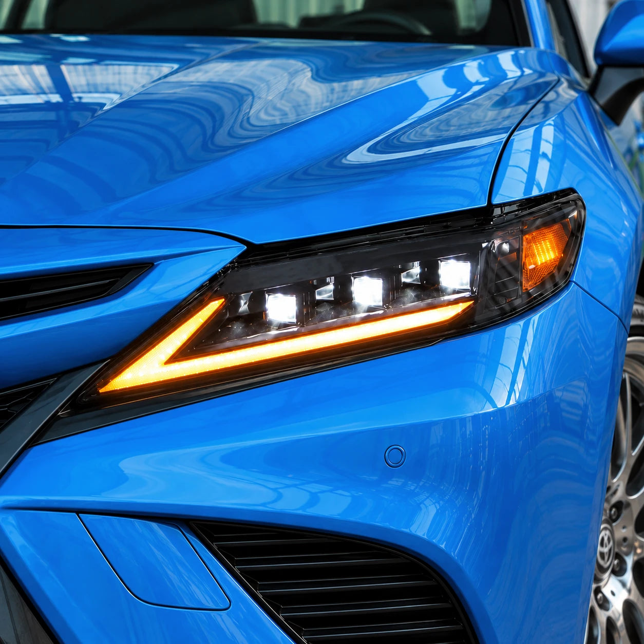 2018-2024 Toyota Camry LED Triple Projector Headlights — all lights on close-up — H-CAM18-SWD-A