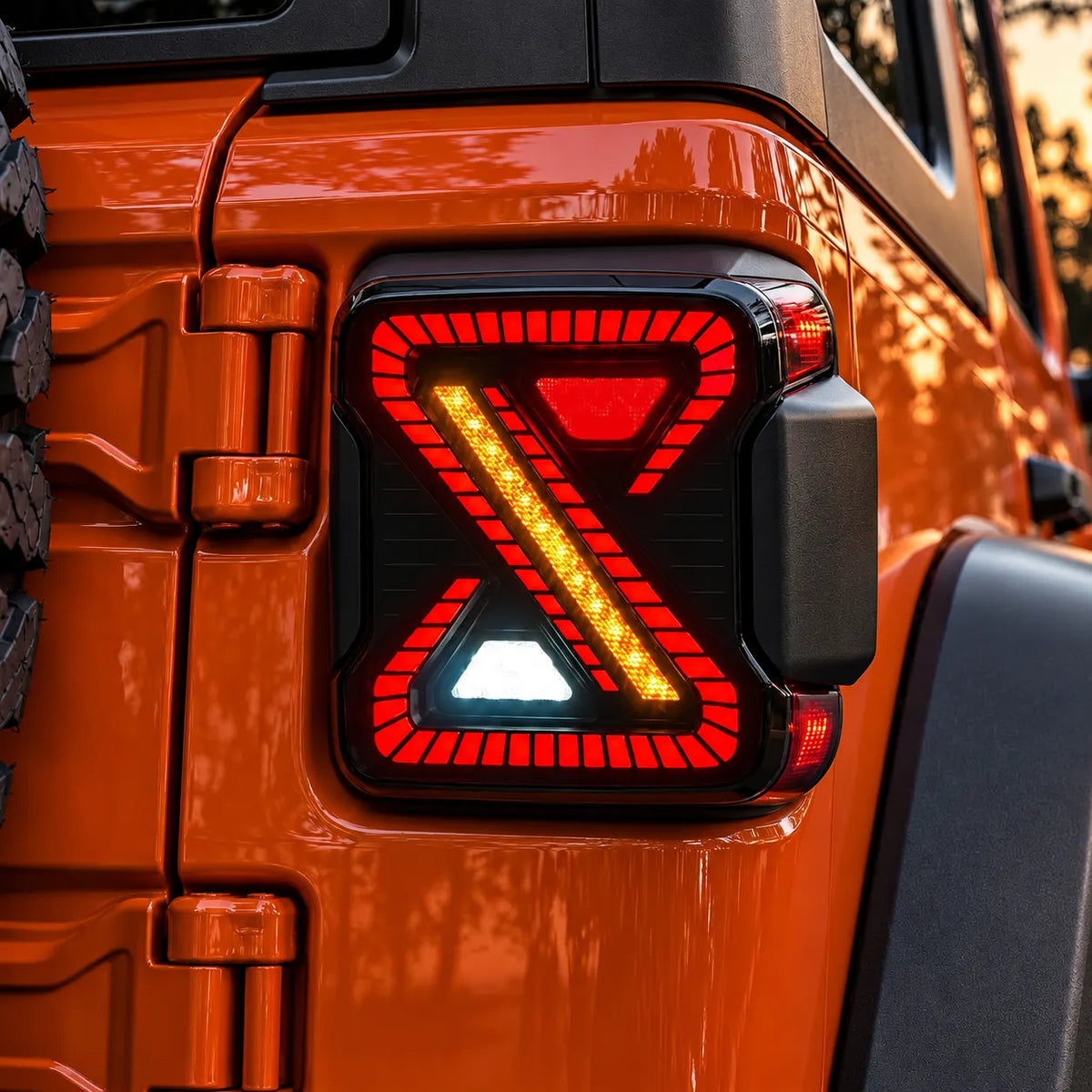 2018-2026 Jeep Wrangler JL & JLU Sequential LED Tail Lights Assembly — Pair — All Lights On Close-Up — T-WRA18-SW