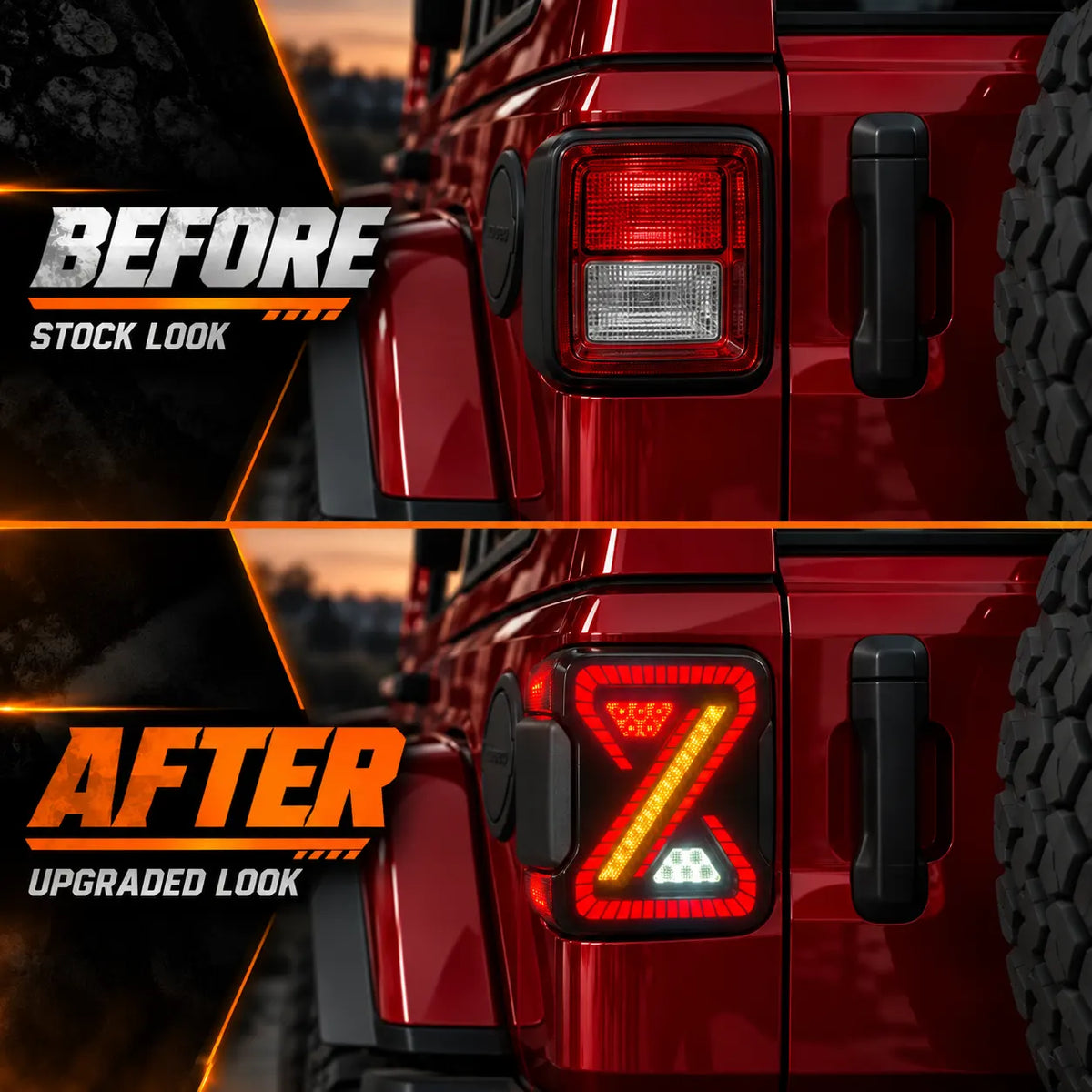 2018-2026 Jeep Wrangler JL & JLU Sequential LED Tail Lights Assembly — Pair — Before After Comparison — T-WRA18-SW