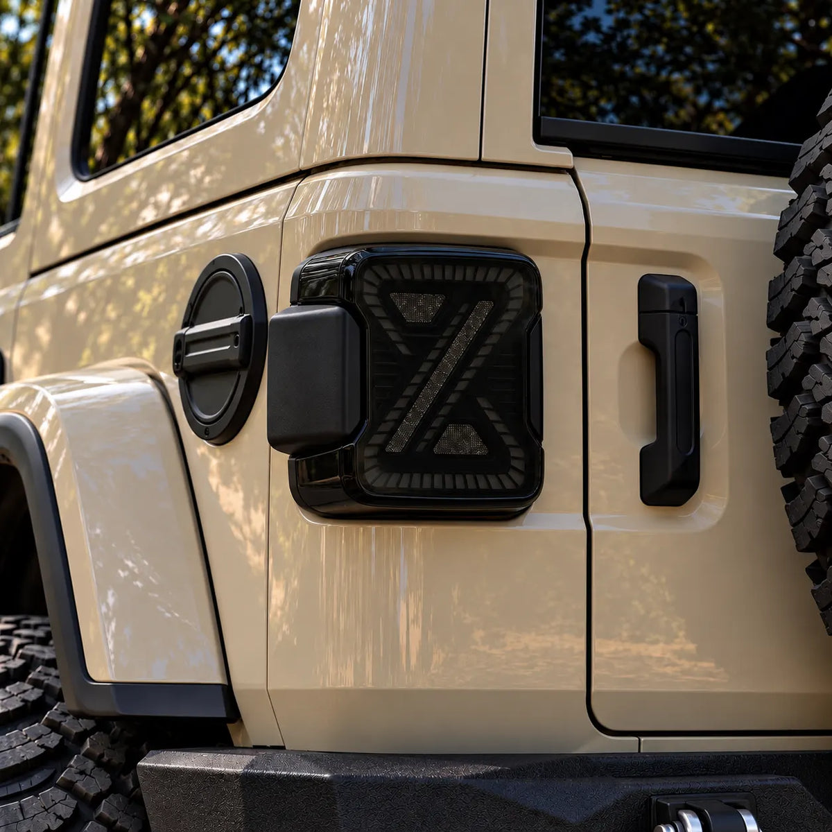 2018-2026 Jeep Wrangler JL & JLU Sequential LED Tail Lights Assembly — Pair — Lights Off Close-Up — T-WRA18-SW
