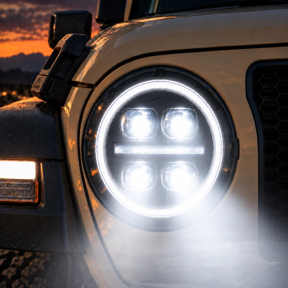 2018-2026 Jeep Wrangler JL & JLU LED Quad Projector Headlights Assembly — Pair — all lights on — H-WRA18