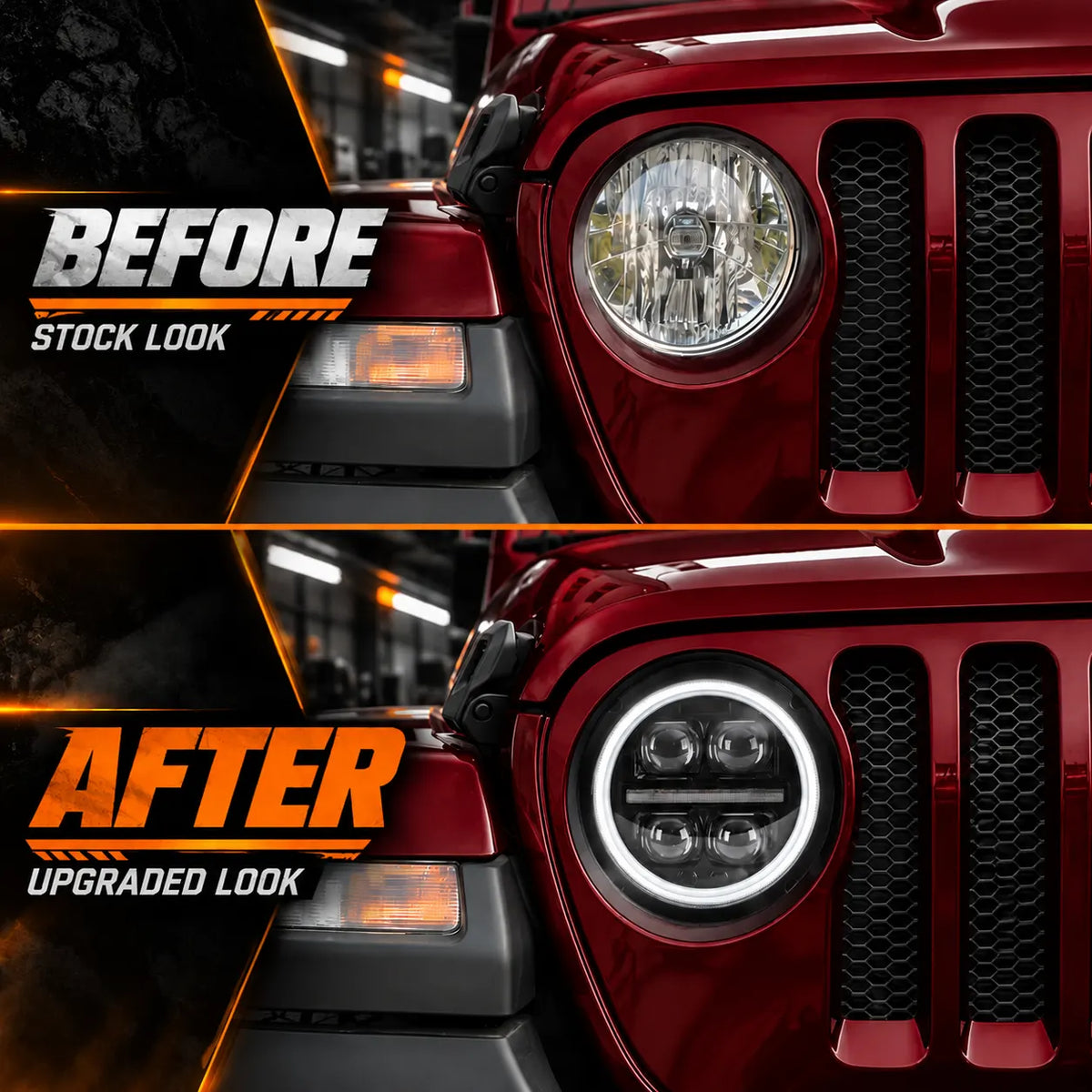 2018-2026 Jeep Wrangler JL & JLU LED Quad Projector Headlights Assembly — Pair — before after comparison — H-WRA18