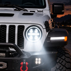 2018-2026 Jeep Wrangler JL & JLU LED Quad Projector Headlights Assembly — Pair — All lights on close-up — H-WRA18
