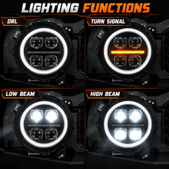 2018-2026 Jeep Wrangler JL & JLU LED Quad Projector Headlights Assembly — Pair — light function — H-WRA18