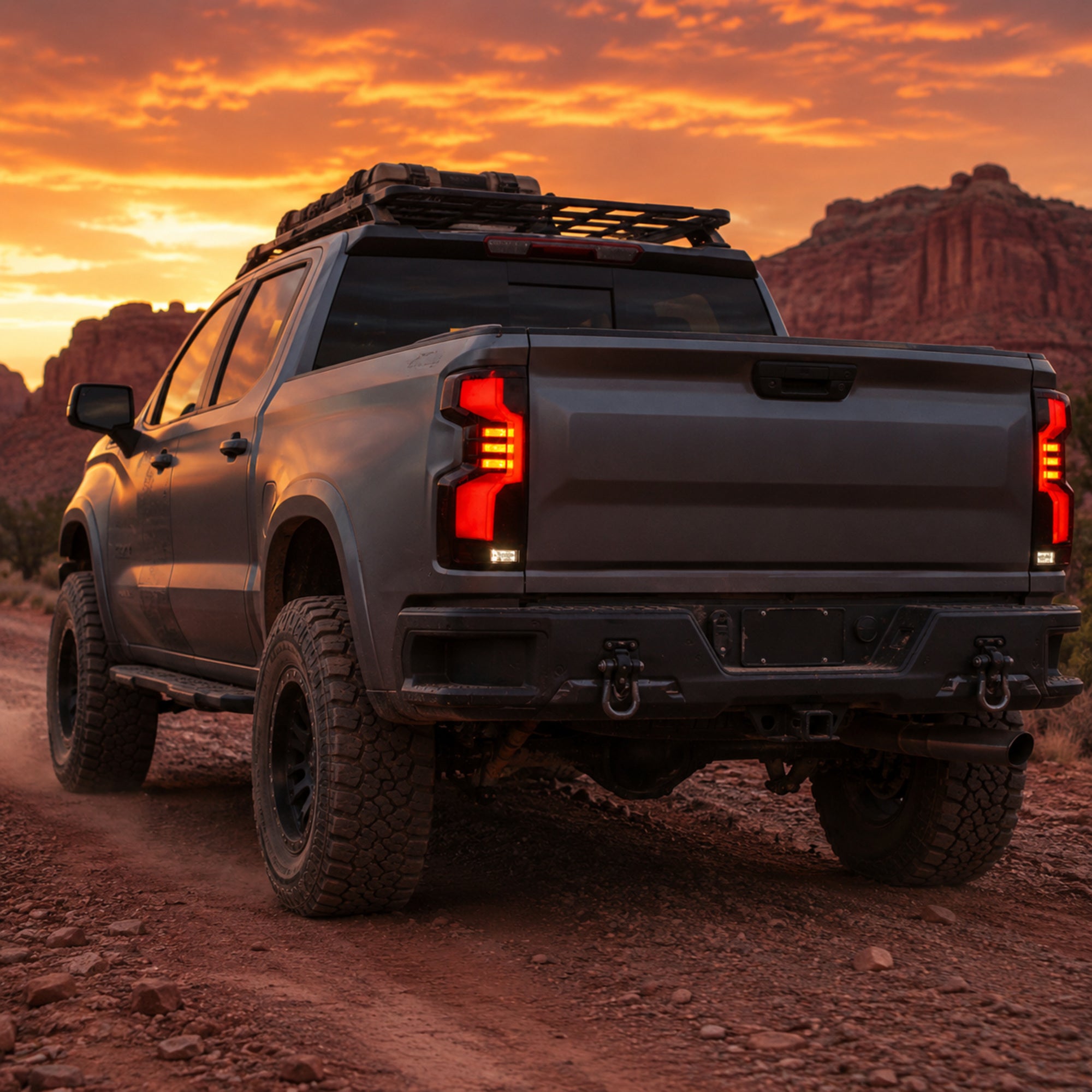 2019-2023 Chevrolet Silverado 1500 Sequential LED Tail Lights — smoke red halo sequential scene02 - T-SILV19-SR