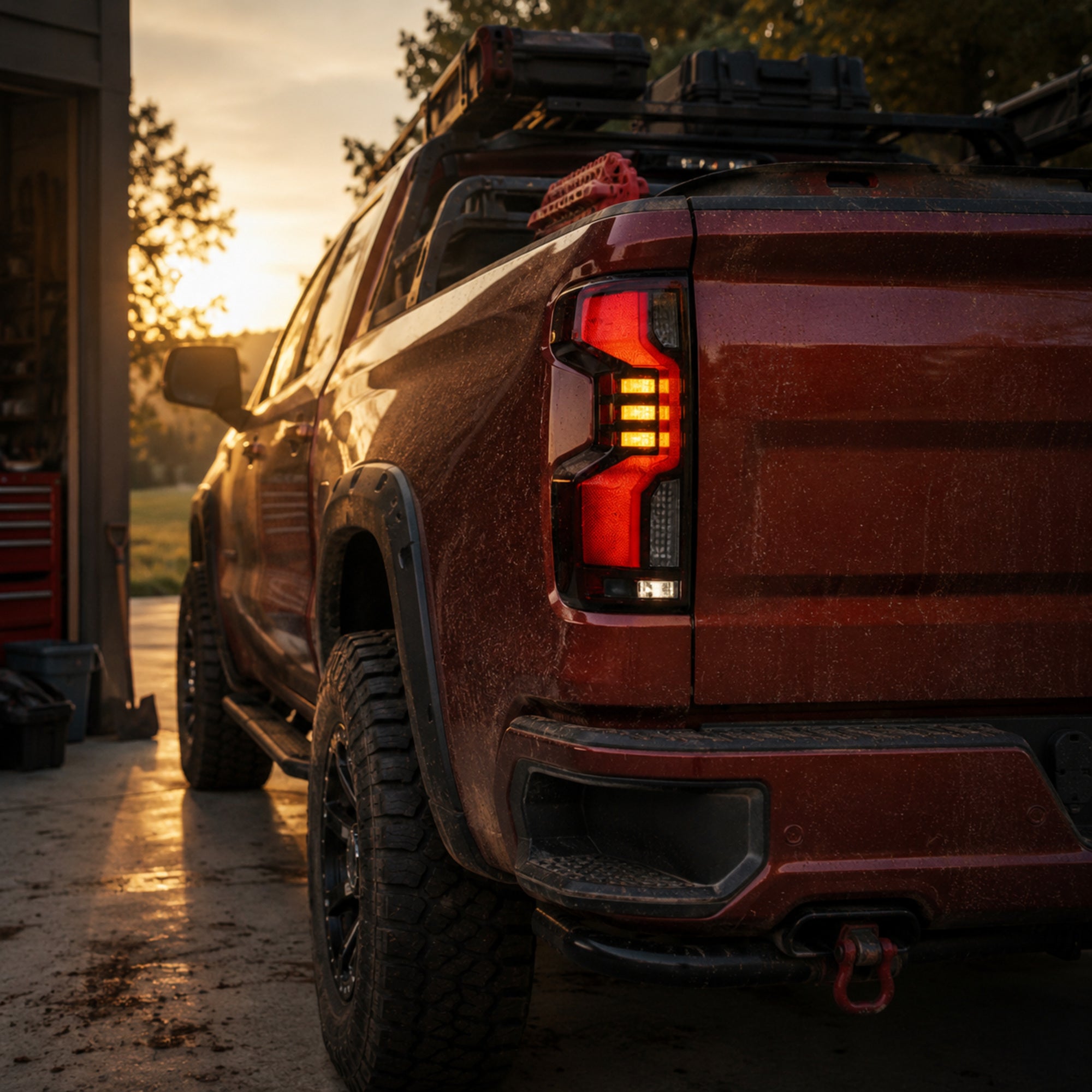 2019-2023 Chevrolet Silverado 1500 Sequential LED Tail Lights — smoke red halo sequential scene06 - T-SILV19-SR