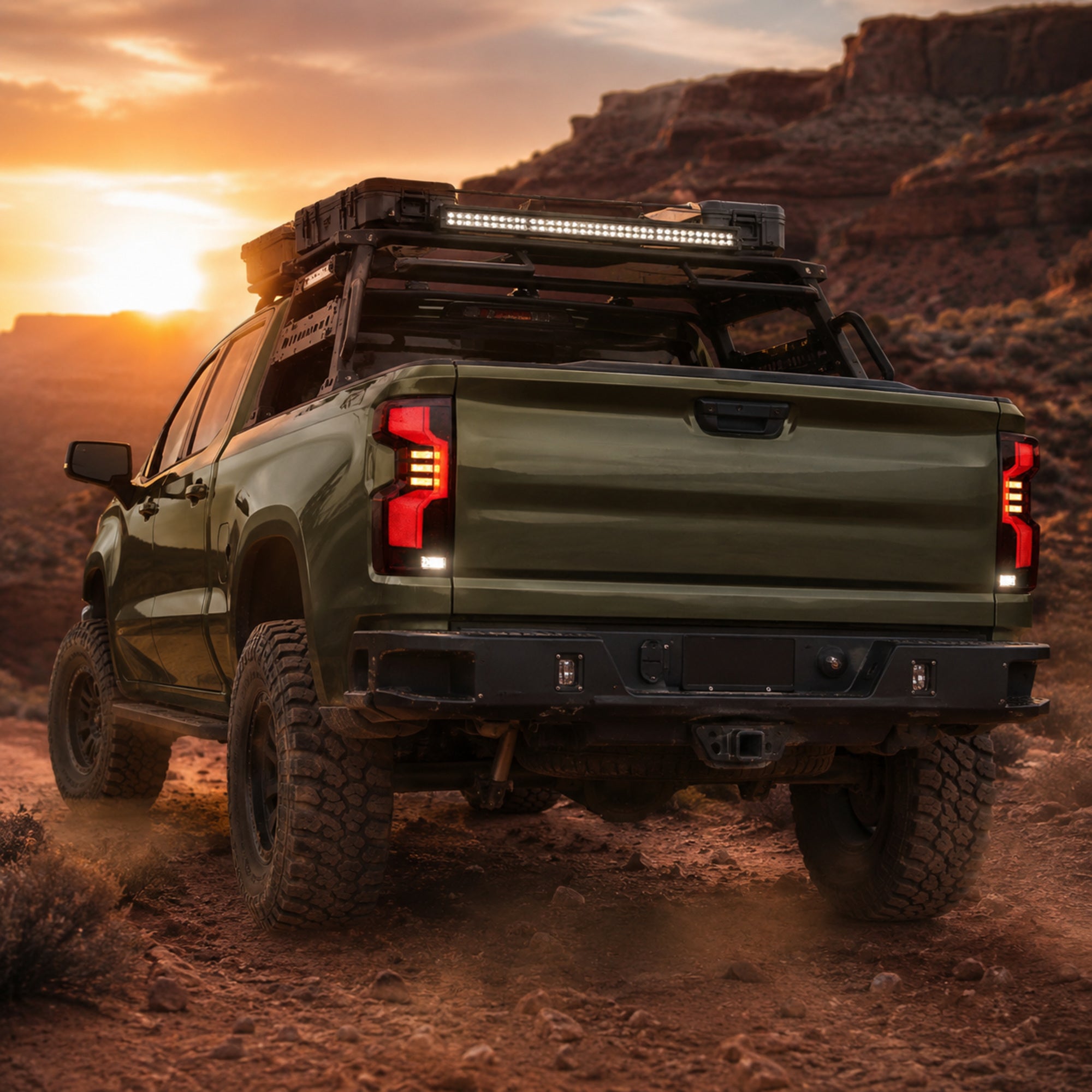 2019-2023 Chevrolet Silverado 1500 Sequential LED Tail Lights — smoke red halo sequential scene09 - T-SILV19-SR