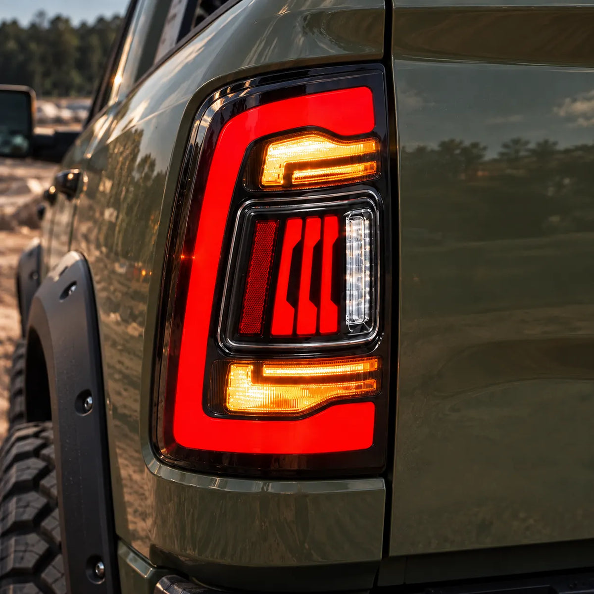 2019-2024 Ram 2500 3500 (5th Gen) Sequential LED Tail Lights Assembly — Pair — all lights on close-up — T-RAMHD19-CR