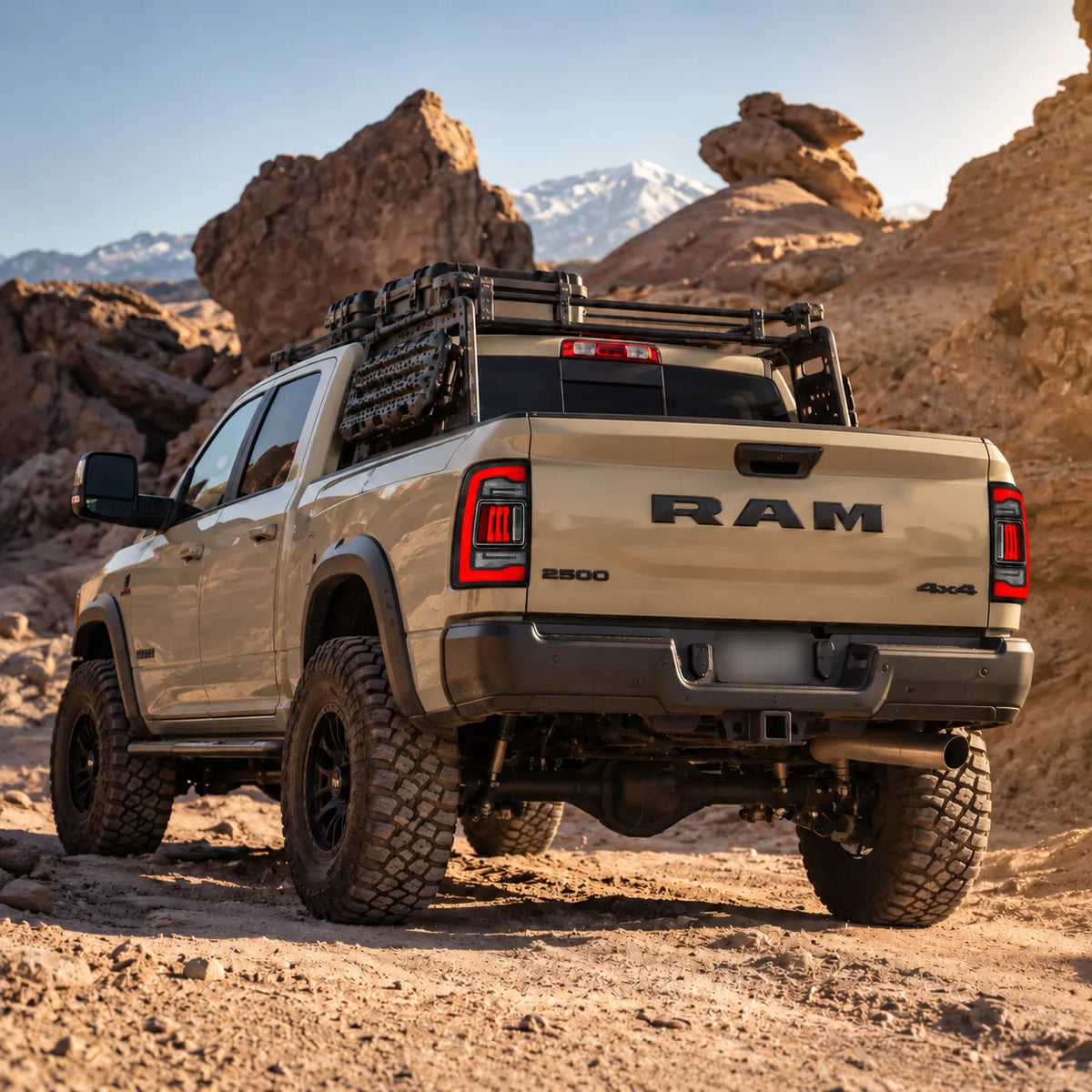 2019-2024 Ram 2500 3500 (5th Gen) Sequential LED Tail Lights Assembly — Pair — off-road rear view — T-RAMHD19-CR