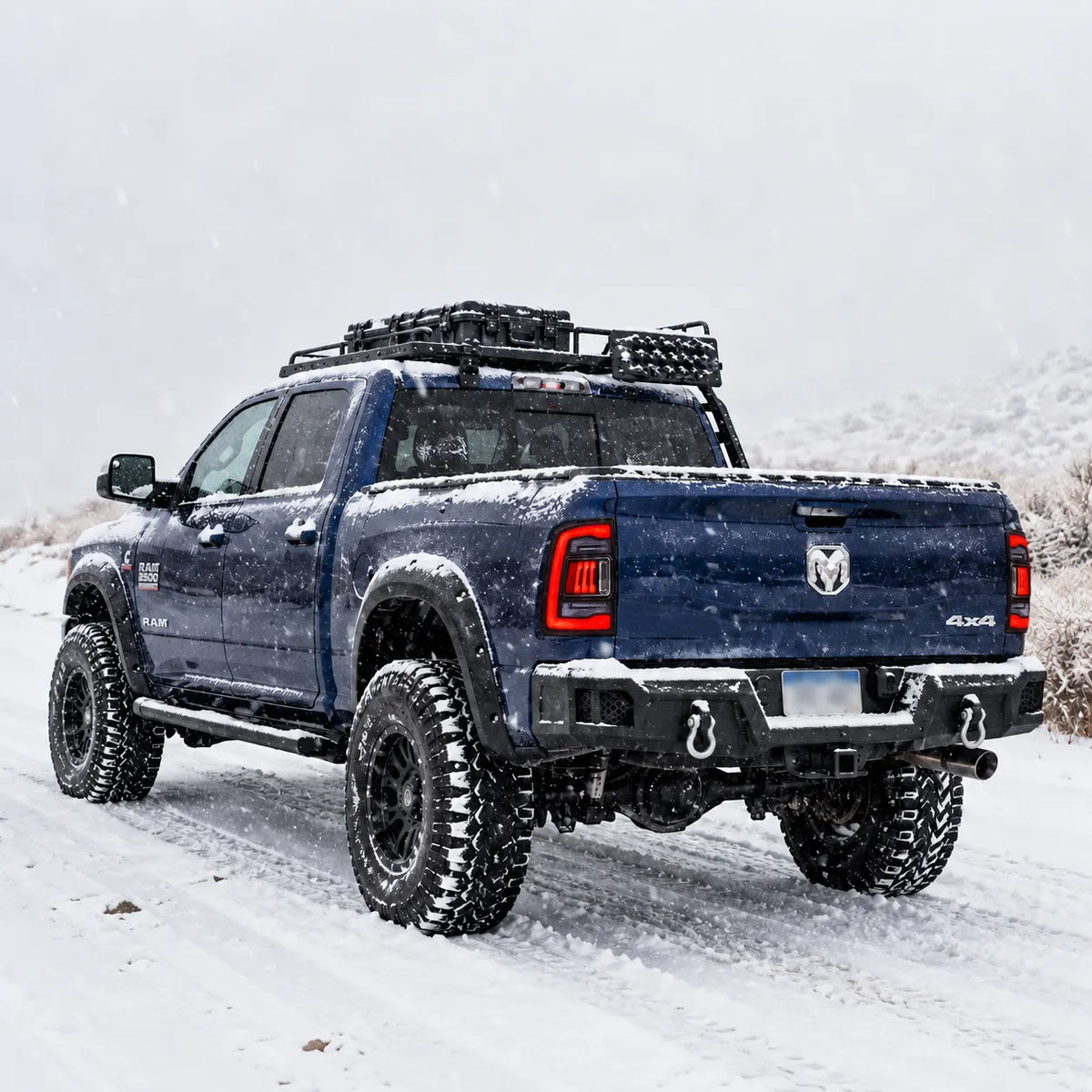 2019-2024 Ram 2500 3500 (5th Gen) Sequential LED Tail Lights Assembly — Pair — snow driving scene — T-RAMHD19-CR