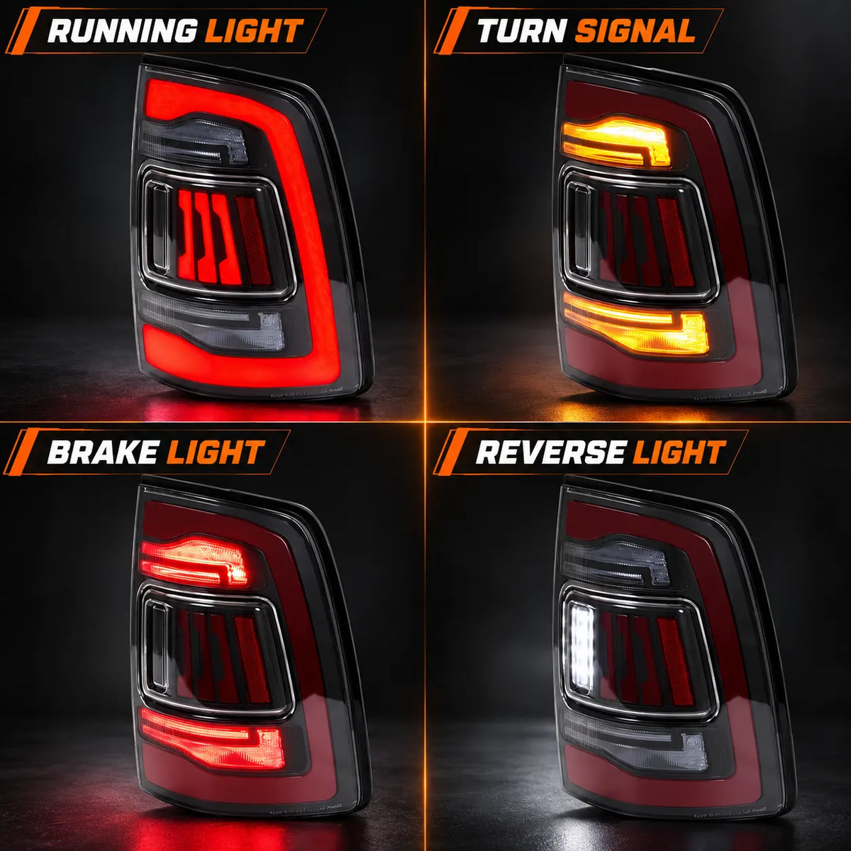 2019-2024 Ram 2500 3500 (5th Gen) Sequential LED Tail Lights Assembly — Pair — lighting functions — T-RAMHD19-CR