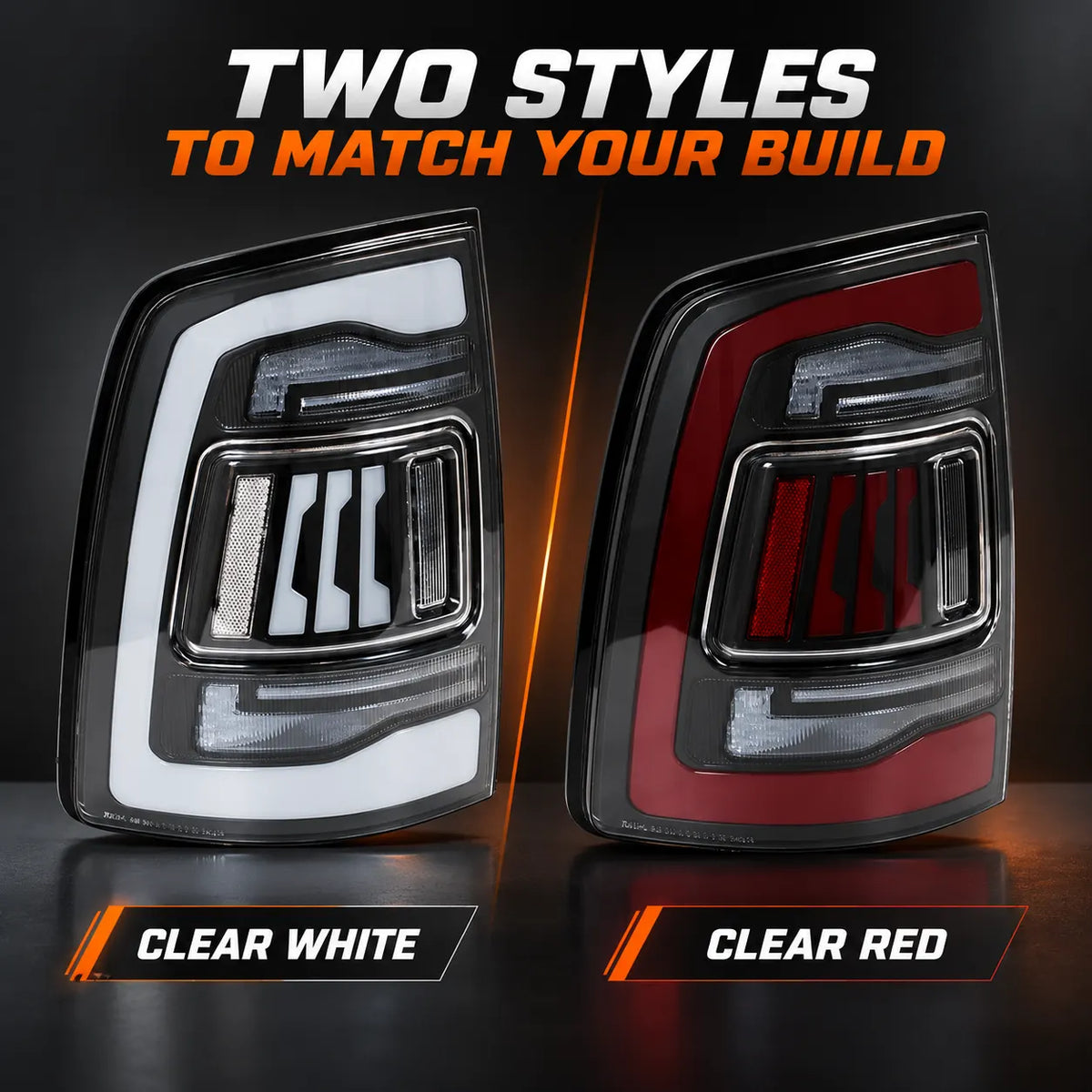 2019-2024 Ram 2500 3500 (5th Gen) Sequential LED Tail Lights Assembly — Pair — Clear White and Clear Red styles — T-RAMHD19-CR