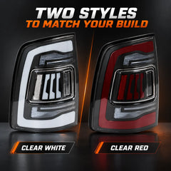 2019-2024 Ram 2500 3500 (5th Gen) Sequential LED Tail Lights Assembly — Pair — Clear White and Clear Red styles — T-RAMHD19-CR