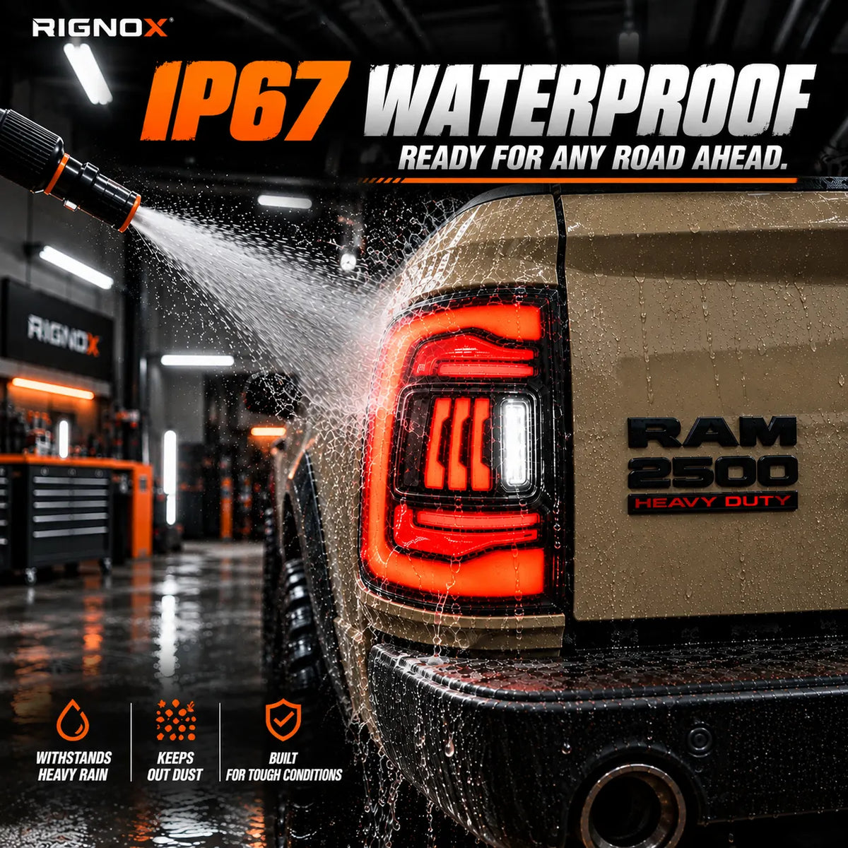 2019-2024 Ram 2500 3500 (5th Gen) Sequential LED Tail Lights Assembly — Pair — IP67 waterproof demonstration — T-RAMHD19-CR