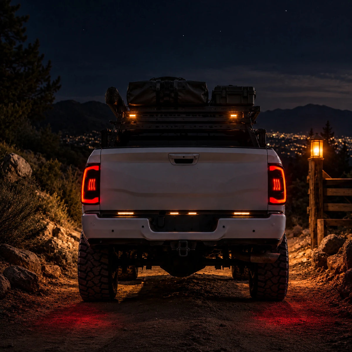 2019-2024 Ram 2500 3500 Sequential LED Tail Lights Assembly — rear view at night — T-RAMHD19