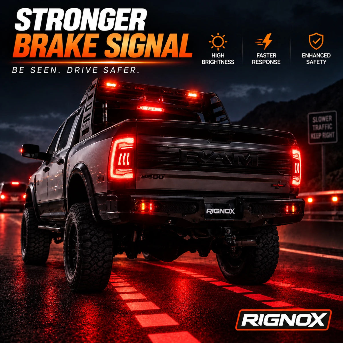 2019-2024 Ram 2500 3500 Sequential LED Tail Lights Assembly — stronger brake signal demonstration — T-RAMHD19