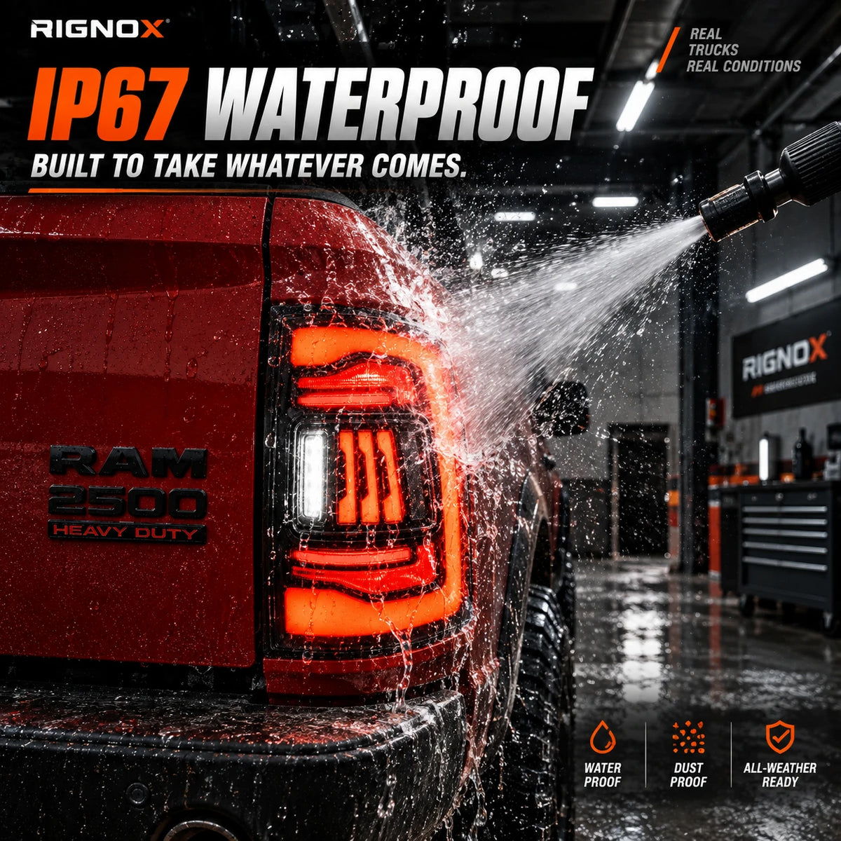 2019-2024 Ram 2500 3500 Sequential LED Tail Lights Assembly — IP67 waterproof demonstration — T-RAMHD19