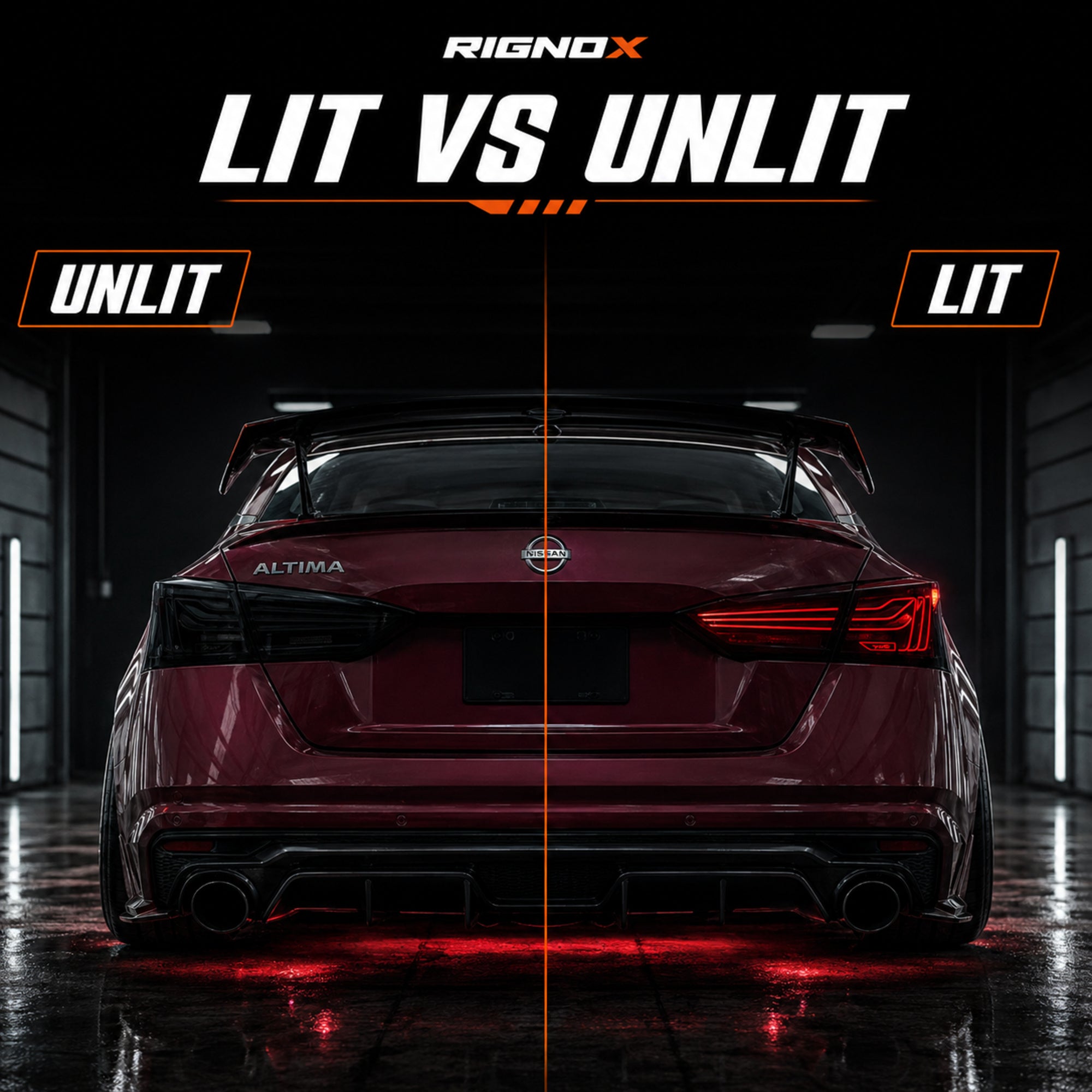 2019-2024 Nissan Altima Sequential LED Tail Lights — smoke red halo sequential lit unlit compare - T-ALT19-SR