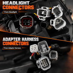 2019-2025 Toyota RAV4 (XA50) LED Triple Projector Headlights Assembly — Pair — Headlight and adapter harness connector details — H-RAV4-20