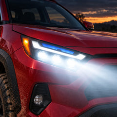 2019-2025 Toyota RAV4 (XA50) LED Triple Projector Headlights Assembly — Pair — All lights on close-up — H-RAV4-20