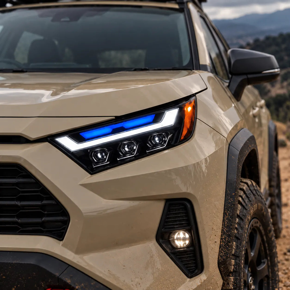 2019-2025 Toyota RAV4 (XA50) LED Triple Projector Headlights Assembly — Pair — DRL on vehicle close-up — H-RAV4-20
