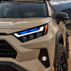 2019-2025 Toyota RAV4 (XA50) LED Triple Projector Headlights Assembly — Pair — DRL on vehicle close-up — H-RAV4-20