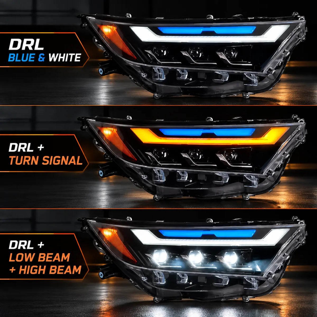 2019-2025 Toyota RAV4 (XA50) LED Triple Projector Headlights Assembly — Pair — Lighting function modes — H-RAV4-20