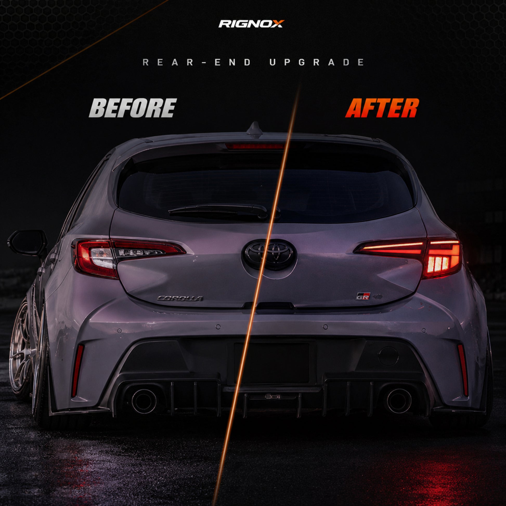2019-2025 Toyota Corolla Hatchback & GR Corolla Sequential LED Tail Lights — smoked red before after upgrade — T-COR19