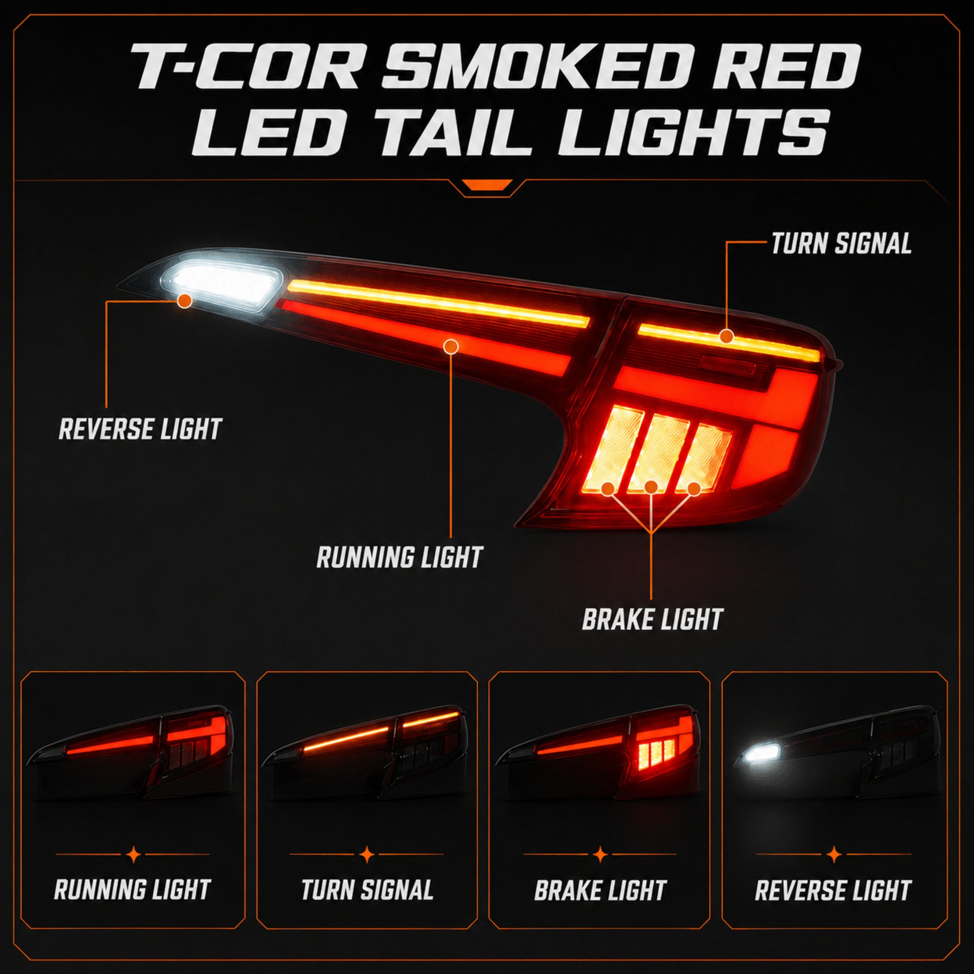 2019-2025 Toyota Corolla Hatchback & GR Corolla Sequential LED Tail Lights — smoked red function lighting modes — T-COR19