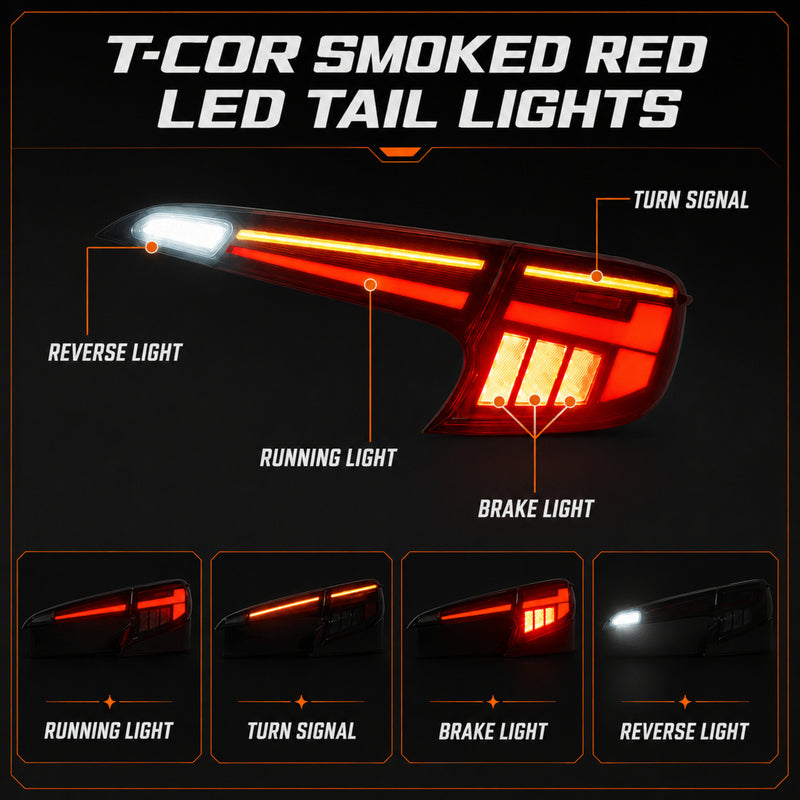 2019-2025 Toyota Corolla Hatchback & GR Corolla Sequential LED Tail Lights — smoked red function lighting modes — T-COR19