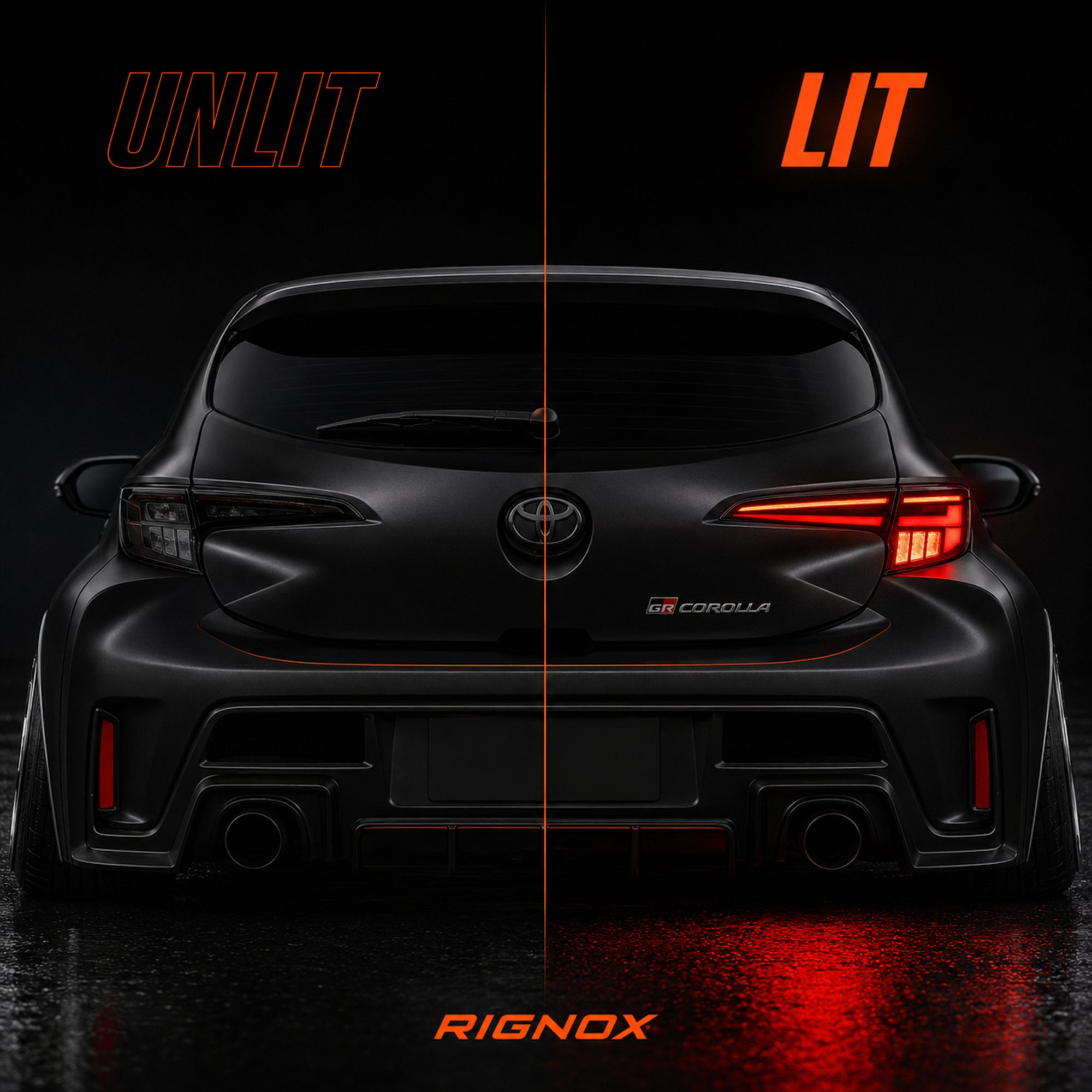 2019-2025 Toyota Corolla Hatchback & GR Corolla Sequential LED Tail Lights — smoked red lit unlit comparison — T-COR19