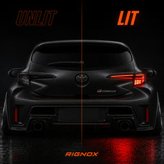 2019-2025 Toyota Corolla Hatchback & GR Corolla Sequential LED Tail Lights — smoked red lit unlit comparison — T-COR19