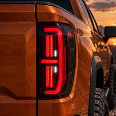2019-2026 GMC Sierra 1500 & 2020-2023 Sierra 2500HD/3500HD (T1) LED Tail Lights Assembly — Pair — All Lights On Close-Up — T-SRA19-SR