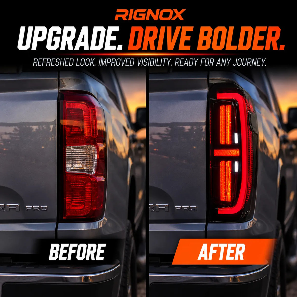 2019-2026 GMC Sierra 1500 & 2020-2023 Sierra 2500HD/3500HD (T1) LED Tail Lights Assembly — Pair — before after comparison — T-SRA19-SR