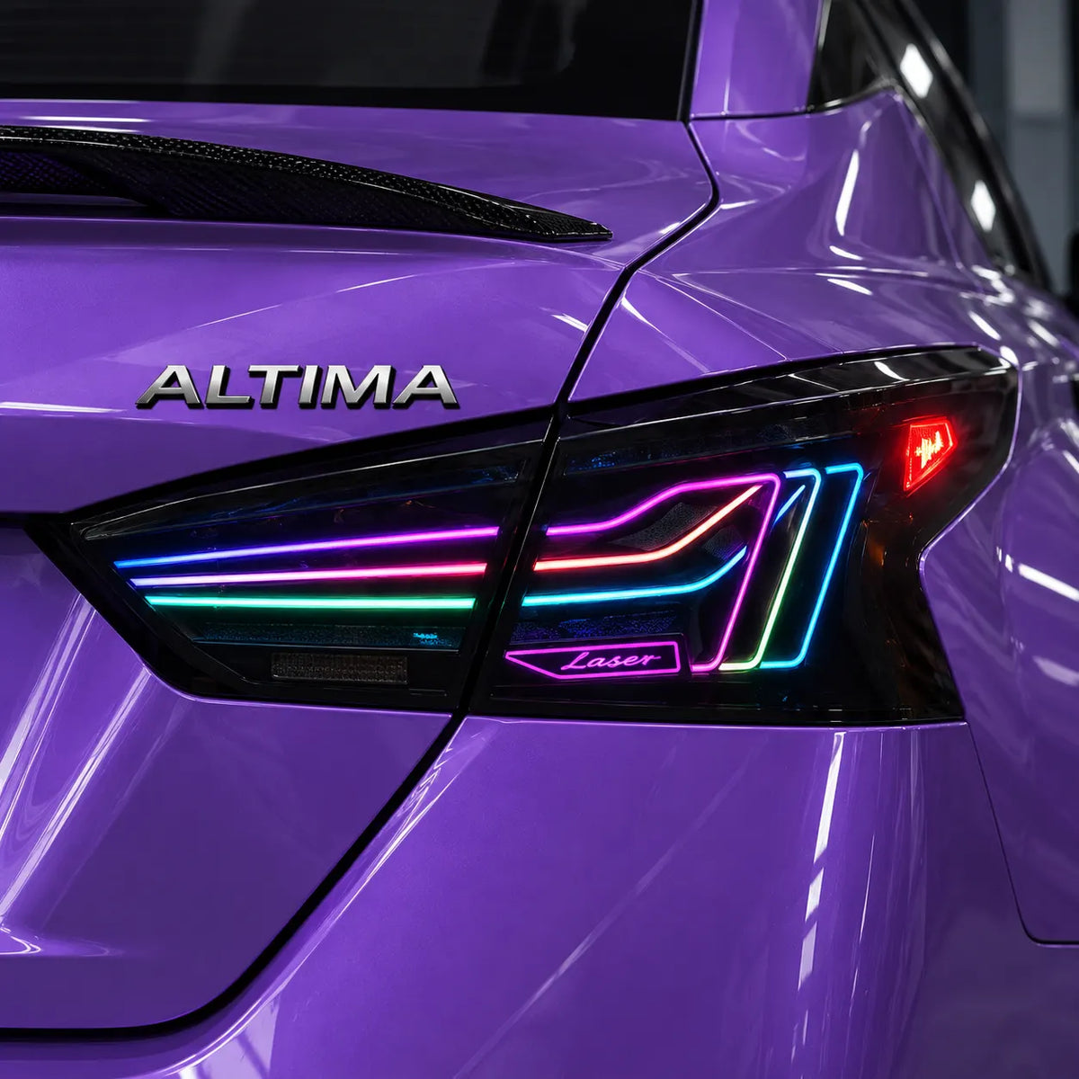 2019-2026 Nissan Altima Sequential Laser LED Tail Lights Assembly — 4-Piece Set — purple RGB light close-up — T-ALT19-SRGB