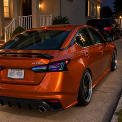 2019-2026 Nissan Altima Sequential Laser LED Tail Lights Assembly — 4-Piece Set — RGB tail lights on orange Altima — T-ALT19-SRGB