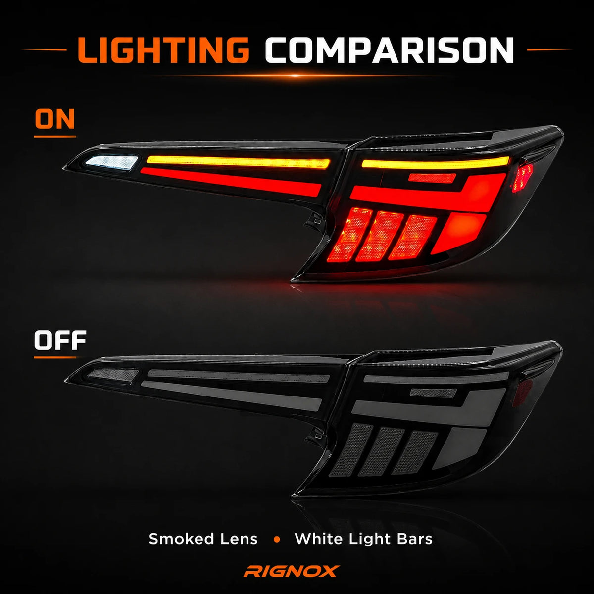 2019-2026 Toyota Corolla Hatchback and GR Corolla Sequential LED Tail Lights — lit unlit comparison — T-COR19-SW