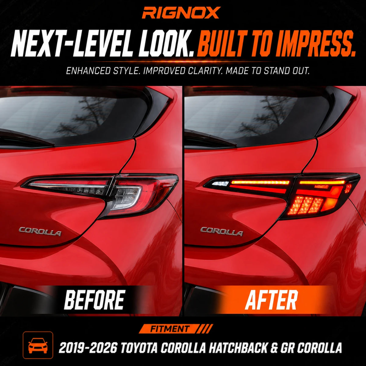 2019-2026 Toyota Corolla Hatchback and GR Corolla Sequential LED Tail Lights — upgrade comparison — T-COR19-SW