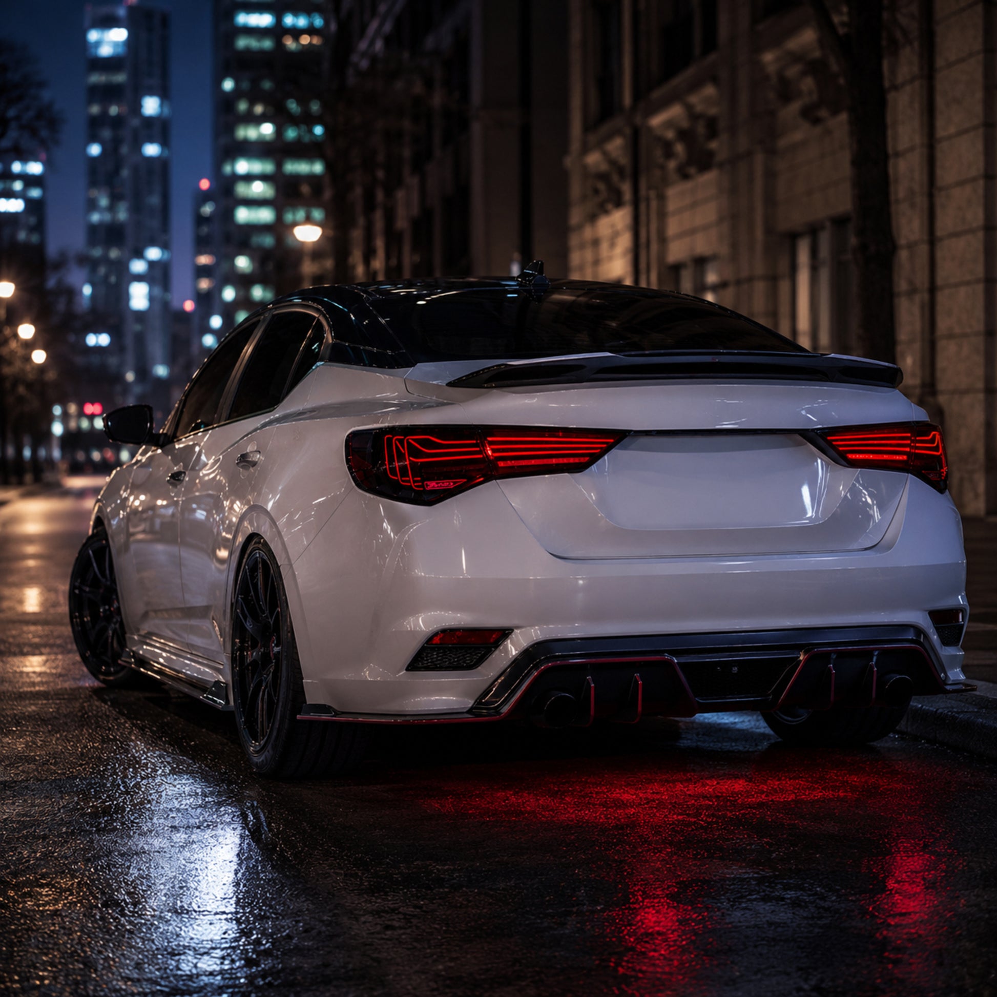 2020-2025 Nissan Sentra Sequential LED Tail Lights — smoke white laser line street rear view - T-SEN20-SW