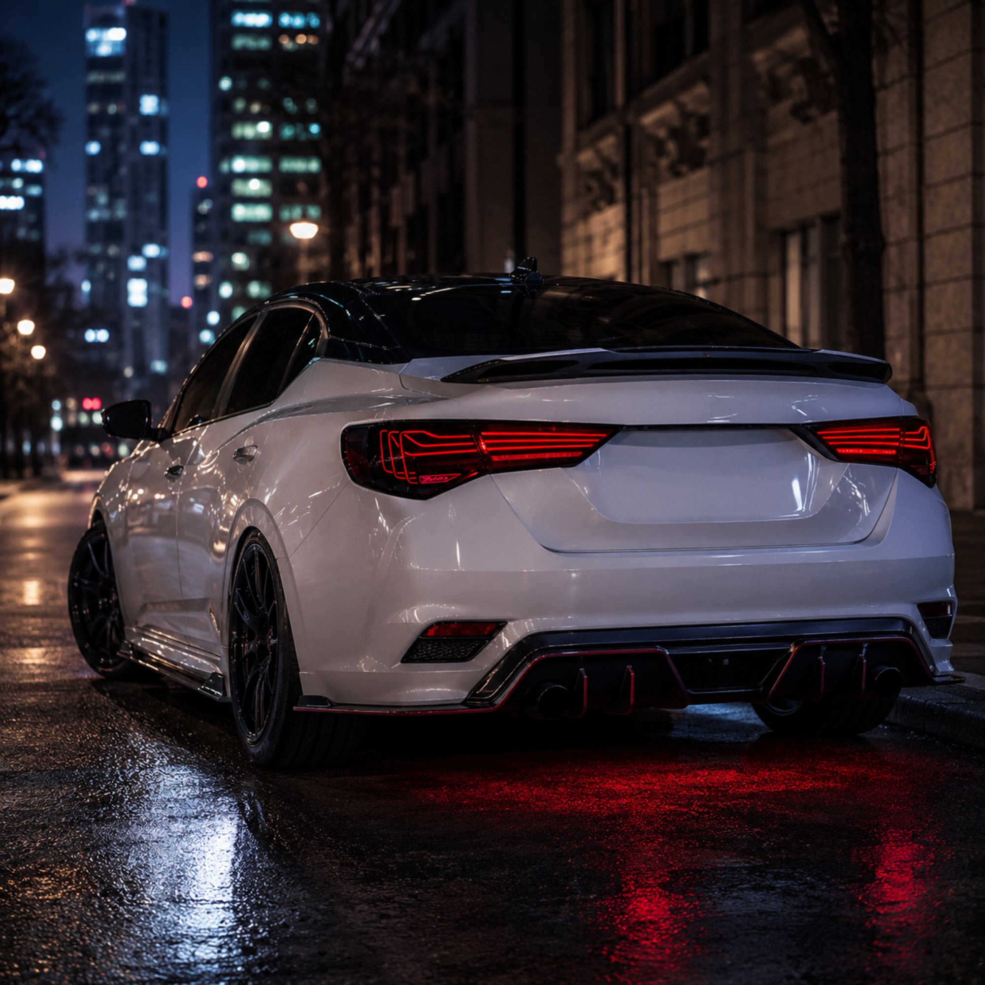 2020-2025 Nissan Sentra Sequential LED Tail Lights — smoke white laser line street rear view - T-SEN20-SW