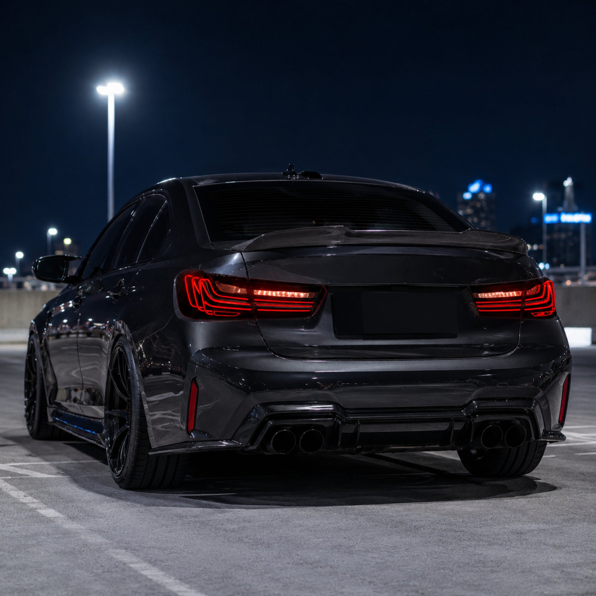2019-2025 BMW 3 Series G20/G28/G80 M3 Sequential LED Tail Lights — smoke red parking lot rear view - T-3G20-SR