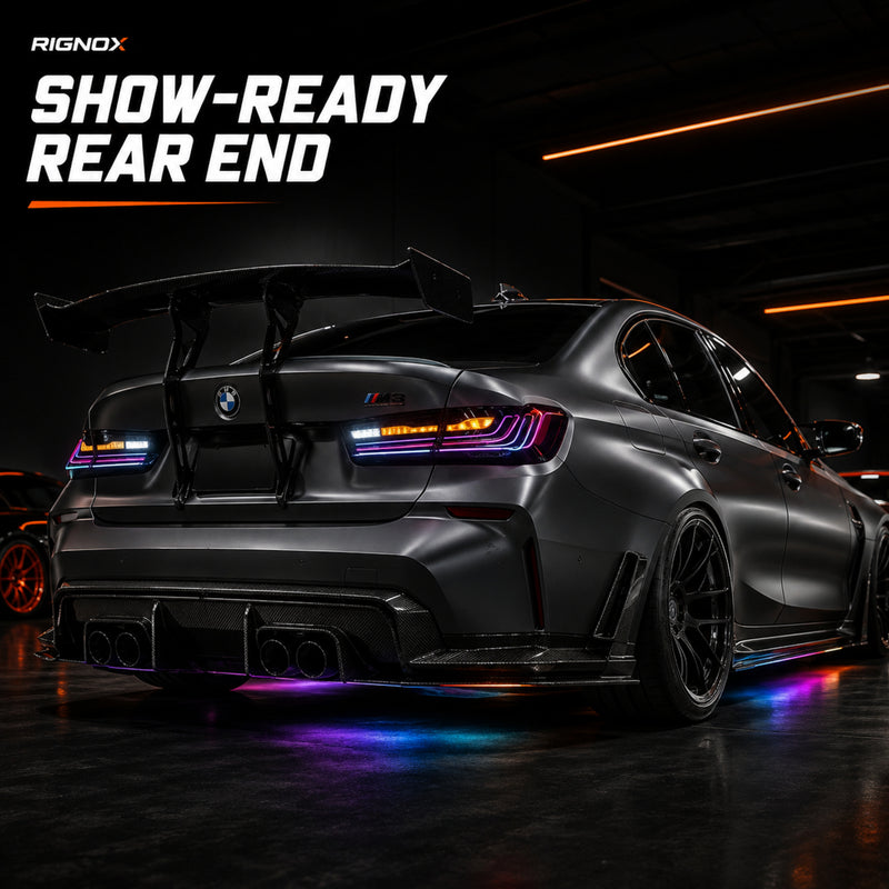2019-2025 BMW 3 Series G20/G28/G80 M3 Sequential LED Tail Lights — smoke red RGB garage show08 - T-3G20-SRGB