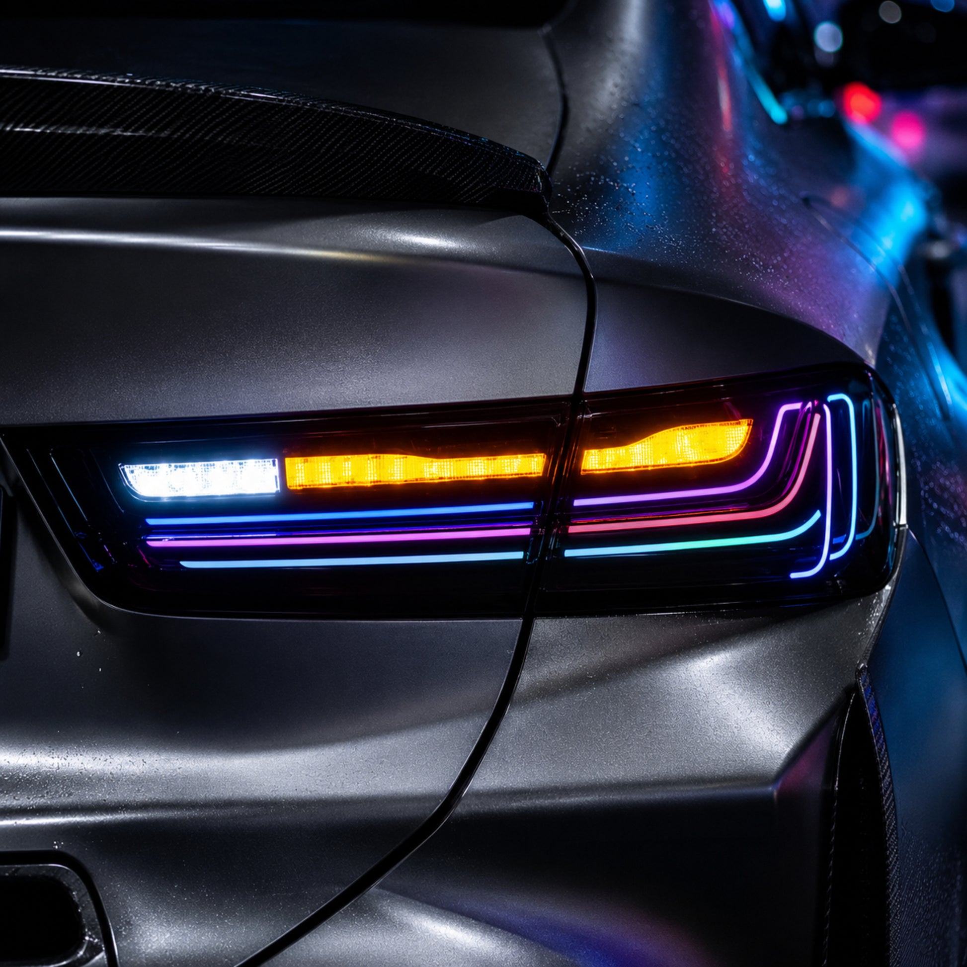 2019-2025 BMW 3 Series G20/G28/G80 M3 Sequential LED Tail Lights — smoke red RGB lens close up06 - T-3G20-SRGB