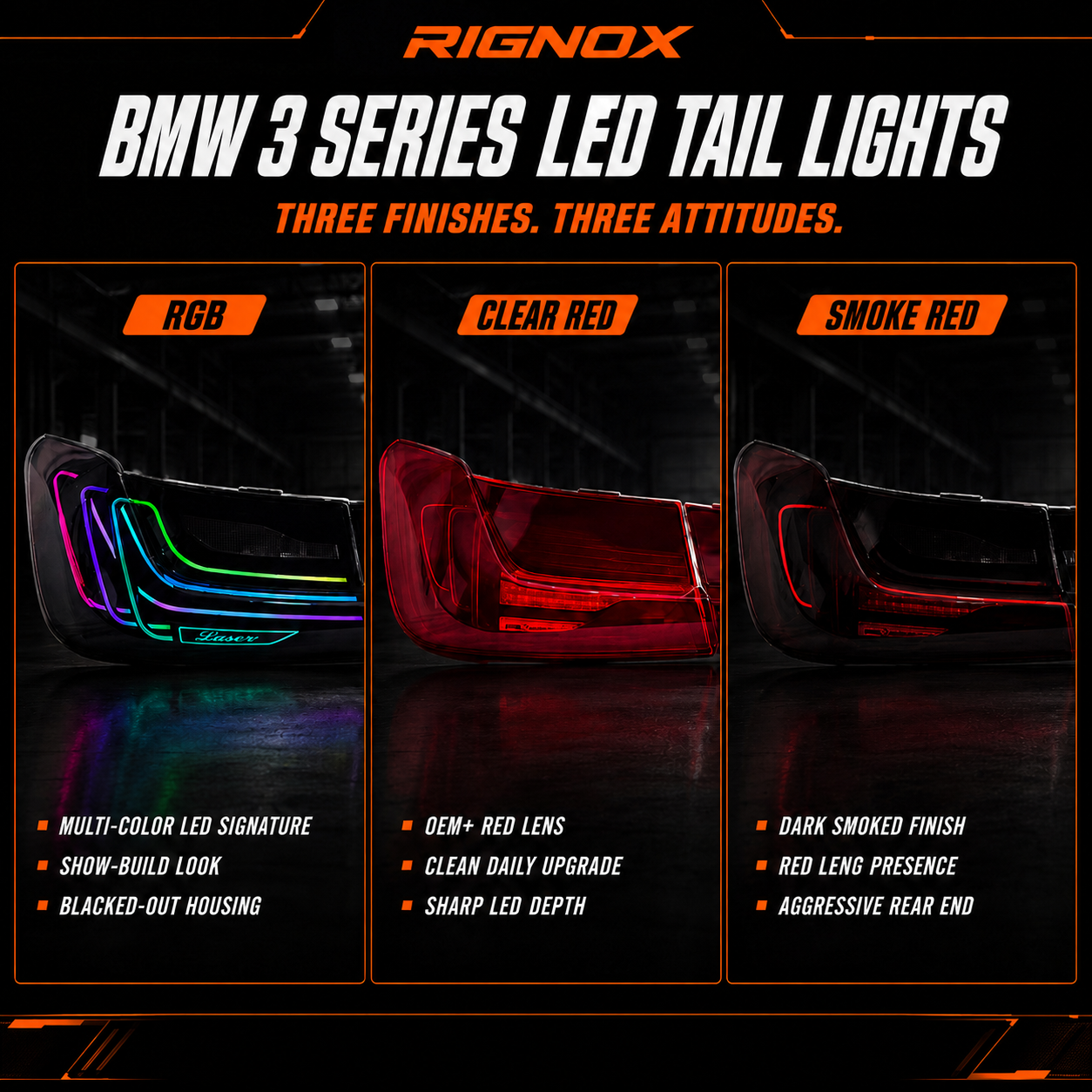 2019-2025 BMW 3 Series G20/G28/G80 M3 Sequential LED Tail Lights — RGB clear red smoke red comparison - T-3G20-SR