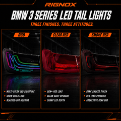 2019-2025 BMW 3 Series G20/G28/G80 M3 Sequential LED Tail Lights — RGB clear red smoke red comparison - T-3G20-SR