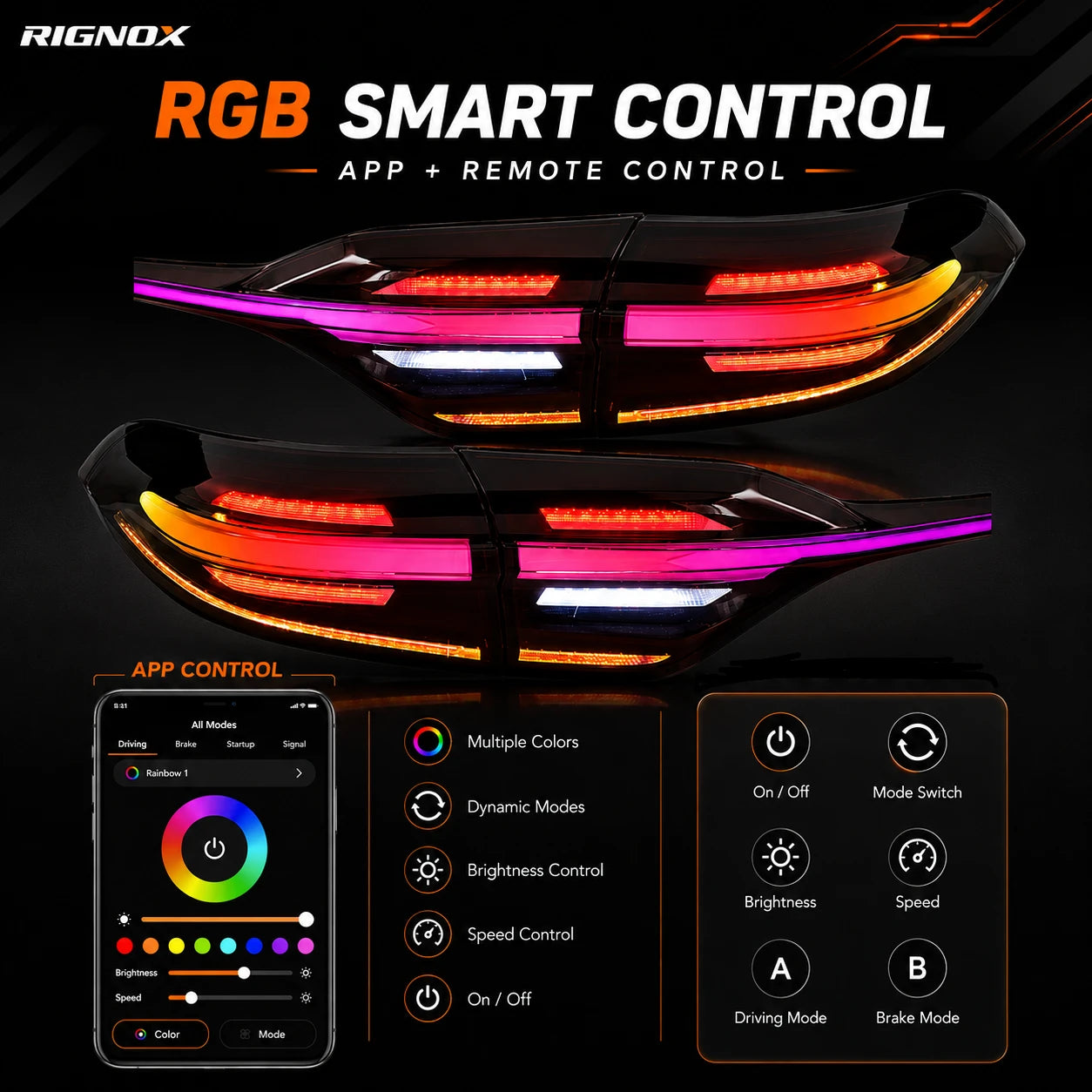 2020-2026 Toyota Corolla Sedan Sequential LED Tail Lights Assembly Full-Width Bar — app control — T-COR20-RGB