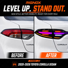 2020-2026 Toyota Corolla Sedan Sequential LED Tail Lights Assembly Full-Width Bar — before after level up — T-COR20-RGB