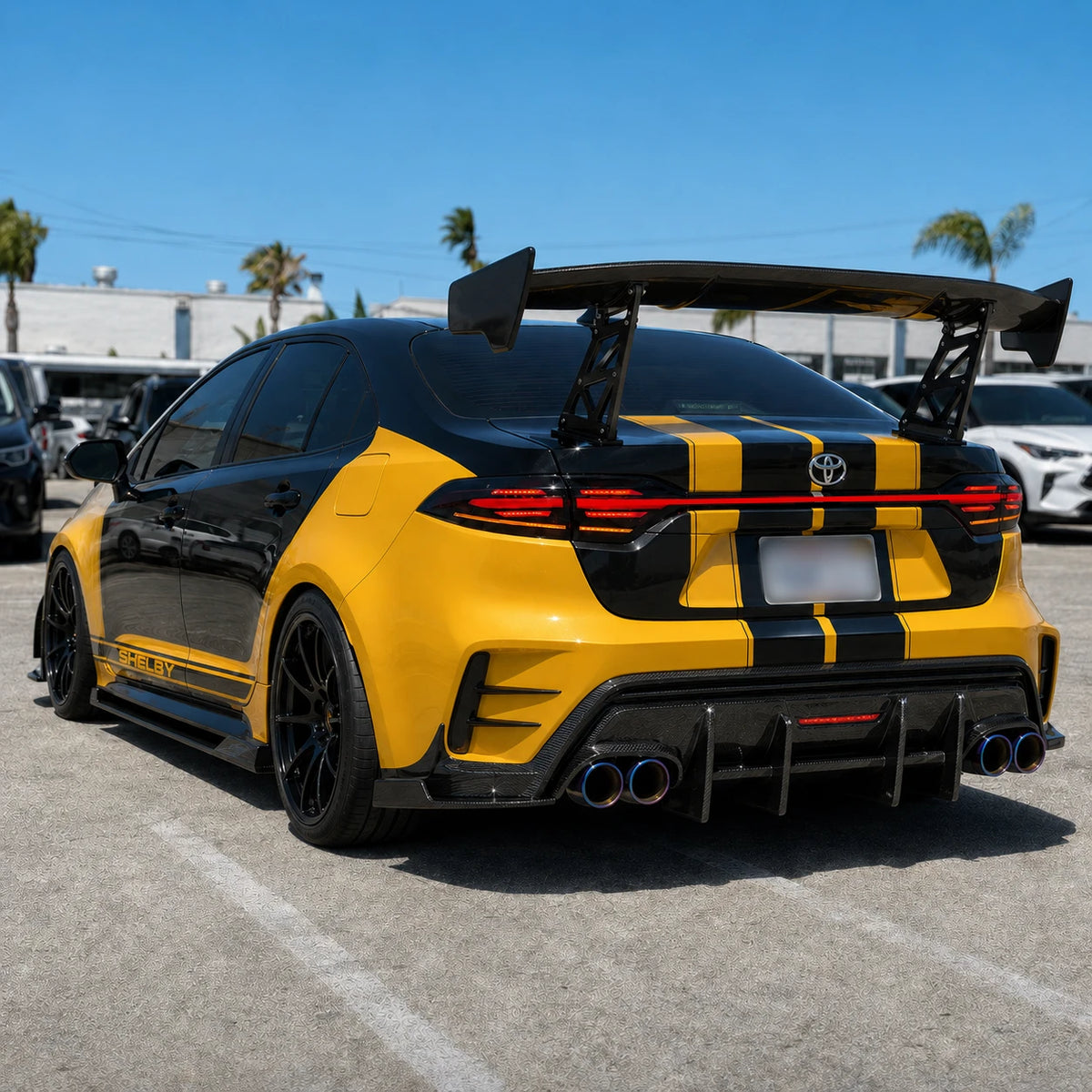 2020-2026 Toyota Corolla Sedan Sequential LED Tail Lights Assembly Full-Width Bar — parking lot view — T-COR20-RGB